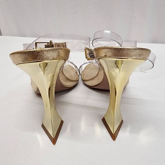 Schutz Size 5 B Glasy Gold Metallic Transparent Heel Sandals M - Picture 3 of 10